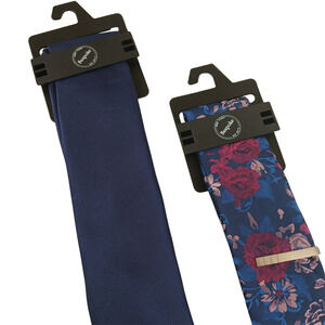 BESPOKE Elegant Men's Ties - Solid Navy Blue & Floral Pattern Blue Pink Red Tie